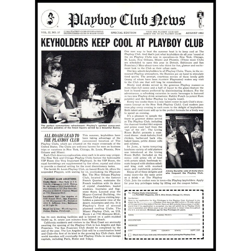 1963 August Playboy Club New Vintage Print Ad Newspaper Style Wall Art Photo